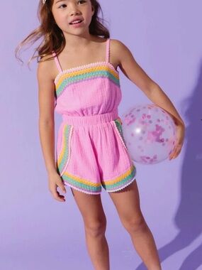 Like new! Lola + The Boys Pink Rainbow-Trim Romper. Super cute!
